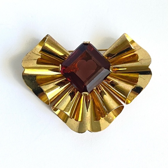 Vintage Gold Vermeil Ruffle Brooch Sterling Silver Princess Cut Garnet Glass Pin - Picture 5 of 11